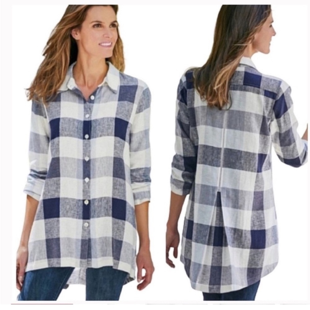 Soft Surroundings Size S Carreaux Linen Blend Plaid Button Down Zipped Back Blue